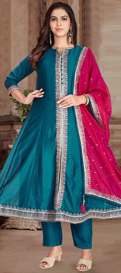 Party Wear, Reception Blue color Salwar Kameez in Silk fabric with Anarkali Embroidered, Resham, Sequence, Zari work : 1948965