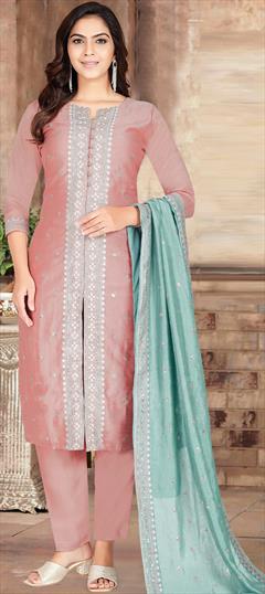Party Wear, Reception Pink and Majenta color Salwar Kameez in Silk fabric with Straight Embroidered, Resham, Sequence, Zari work : 1948966