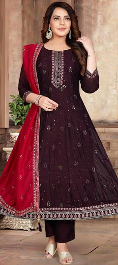 Party Wear, Reception Purple and Violet color Salwar Kameez in Silk fabric with Anarkali Embroidered, Resham, Sequence, Zari work : 1948968