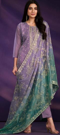 Festive, Party Wear Purple and Violet color Salwar Kameez in Organza Silk fabric with Straight Embroidered, Sequence, Thread, Zari work : 1948971