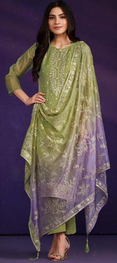Festive, Party Wear Green color Salwar Kameez in Organza Silk fabric with Straight Embroidered, Sequence, Thread, Zari work : 1948974