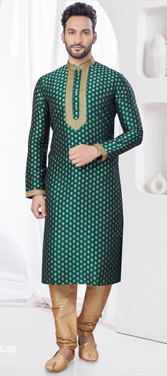 Party Wear Green color Kurta Pyjamas in Jacquard fabric with Embroidered, Thread, Weaving work : 1948982