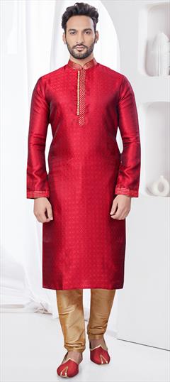 Party Wear Red and Maroon color Kurta Pyjamas in Jacquard fabric with Sequence, Weaving work : 1948983