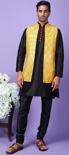 Party Wear Black and Grey, Yellow color Kurta Pyjama with Jacket in Polyester Silk fabric with Embroidered work : 1948984