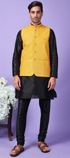 Party Wear Black and Grey, Yellow color Kurta Pyjama with Jacket in Polyester Silk fabric with Embroidered work : 1948991