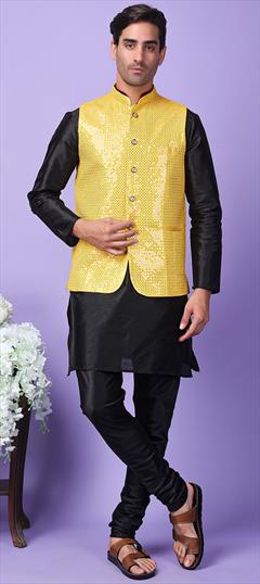 Party Wear Black and Grey, Yellow color Kurta Pyjama with Jacket in Polyester Silk fabric with Embroidered work : 1948992