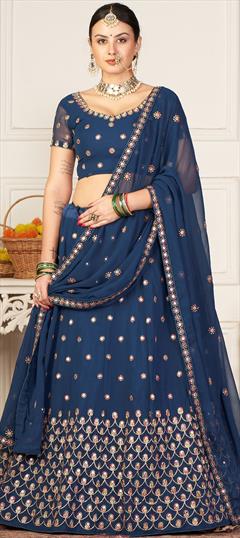 Engagement, Reception, Wedding Blue color Lehenga in Georgette fabric with Flared Embroidered, Sequence, Thread work : 1949027