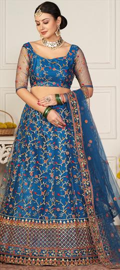 Engagement, Reception, Wedding Blue color Lehenga in Net fabric with Flared Embroidered, Sequence, Thread work : 1949028