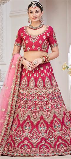 Engagement, Reception, Wedding Red and Maroon color Lehenga in Taffeta Silk fabric with Flared Embroidered, Sequence, Thread work : 1949030