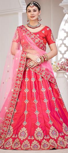 Engagement, Reception, Wedding Pink and Majenta color Lehenga in Taffeta Silk fabric with Flared Embroidered, Sequence, Thread work : 1949031