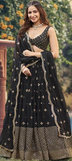 Bridal, Mehendi Sangeet, Wedding Black and Grey color Lehenga in Georgette fabric with Flared Embroidered, Thread work : 1949032