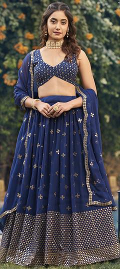 Bridal, Mehendi Sangeet, Wedding Blue color Lehenga in Georgette fabric with Flared Embroidered, Thread work : 1949034