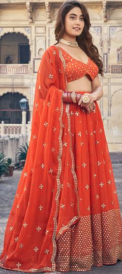 Bridal, Mehendi Sangeet, Wedding Orange color Lehenga in Georgette fabric with Flared Embroidered, Thread work : 1949035