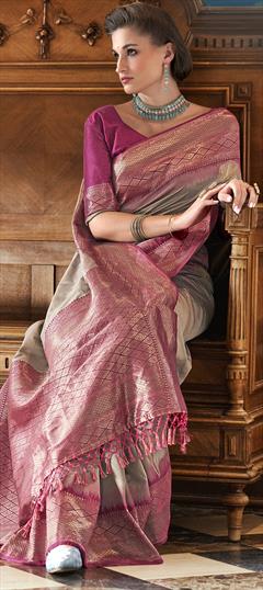 Party Wear, Traditional Black and Grey color Saree in Art Silk, Silk fabric with South Weaving, Zari work : 1949058