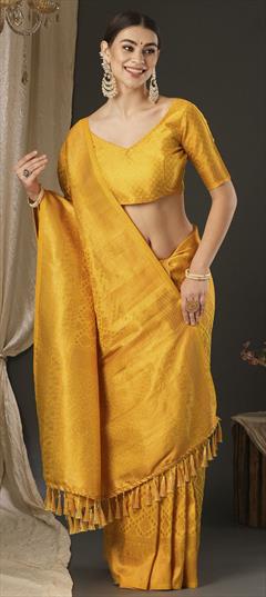 Party Wear, Traditional Yellow color Saree in Art Silk, Silk fabric with South Weaving, Zari work : 1949080