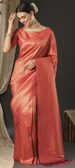 Party Wear, Traditional Red and Maroon color Saree in Tissue fabric with South Sequence, Weaving work : 1949098