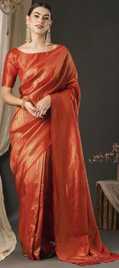 Party Wear, Traditional Red and Maroon color Saree in Tissue fabric with South Sequence, Weaving work : 1949100