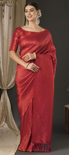Party Wear, Traditional Red and Maroon color Saree in Tissue fabric with South Sequence, Weaving work : 1949101