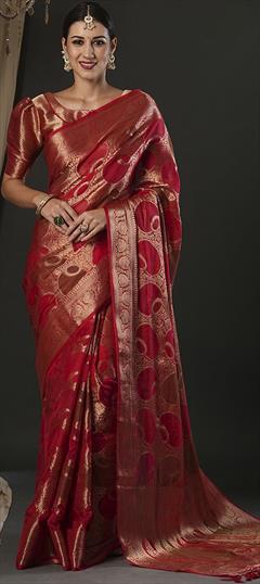 Party Wear, Reception, Traditional Red and Maroon color Saree in Organza Silk fabric with Classic Weaving, Zari work : 1949110