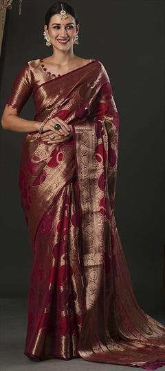 Party Wear, Reception, Traditional Red and Maroon color Saree in Organza Silk fabric with Classic Weaving, Zari work : 1949111