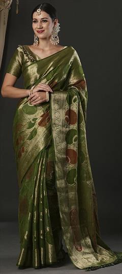 Party Wear, Reception, Traditional Green color Saree in Organza Silk fabric with Classic Weaving, Zari work : 1949112