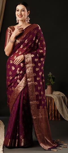 Festive, Reception Pink and Majenta color Saree in Georgette fabric with Classic Weaving, Zari work : 1949114