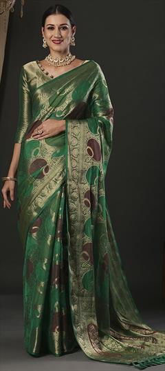 Party Wear, Reception, Traditional Green color Saree in Organza Silk fabric with Classic Weaving, Zari work : 1949115