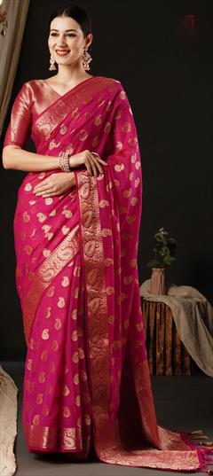 Festive, Reception Pink and Majenta color Saree in Georgette fabric with Classic Weaving, Zari work : 1949116