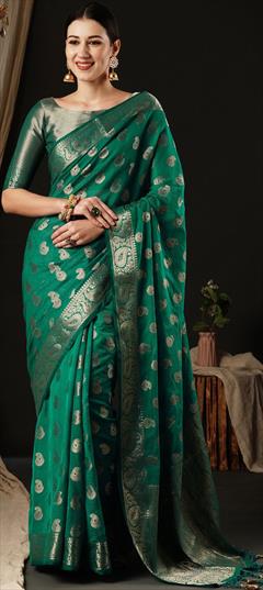 Festive, Reception Green color Saree in Georgette fabric with Classic Weaving, Zari work : 1949117