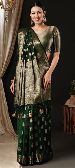 Festive, Reception Green color Saree in Georgette fabric with Classic Weaving, Zari work : 1949118