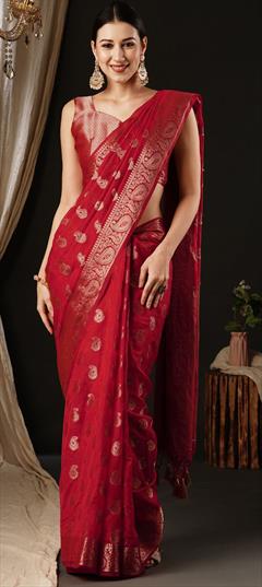Festive, Reception Red and Maroon color Saree in Georgette fabric with Classic Weaving, Zari work : 1949119