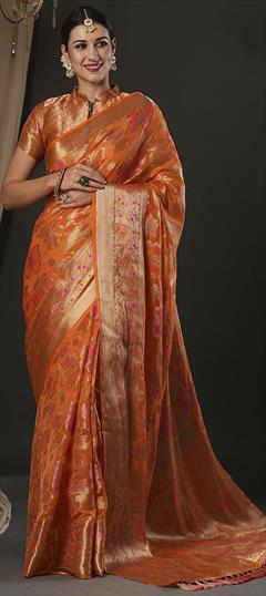 Festive, Traditional Orange color Saree in Organza Silk fabric with Classic Weaving, Zari work : 1949128