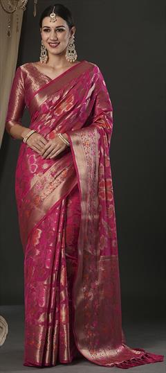 Festive, Traditional Pink and Majenta color Saree in Organza Silk fabric with Classic Weaving, Zari work : 1949130