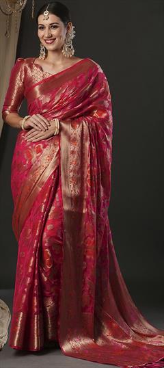 Festive, Traditional Pink and Majenta color Saree in Organza Silk fabric with Classic Weaving, Zari work : 1949131