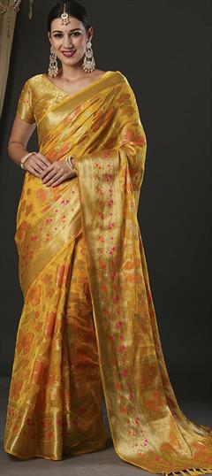 Festive, Traditional Yellow color Saree in Organza Silk fabric with Classic Weaving, Zari work : 1949132