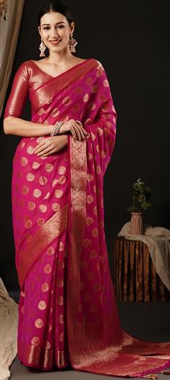 Festive, Reception Pink and Majenta color Saree in Georgette fabric with Classic Weaving, Zari work : 1949136