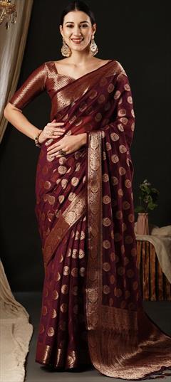 Festive, Reception Red and Maroon color Saree in Georgette fabric with Classic Weaving, Zari work : 1949137