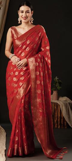 Festive, Reception Red and Maroon color Saree in Georgette fabric with Classic Weaving, Zari work : 1949138