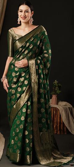 Festive, Reception Green color Saree in Georgette fabric with Classic Weaving, Zari work : 1949139