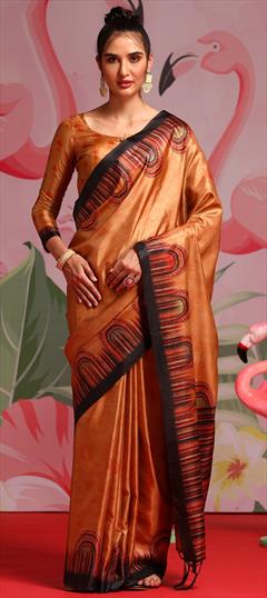 Party Wear, Traditional Gold color Saree in Art Silk, Silk fabric with South Weaving work : 1949142