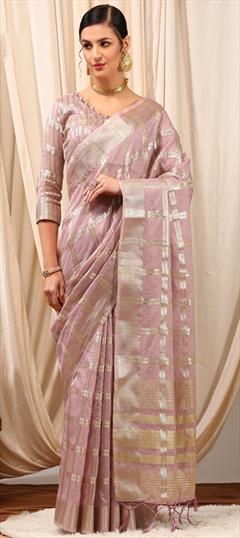 Party Wear, Traditional Pink and Majenta color Saree in Silk cotton fabric with Bengali Weaving work : 1949150