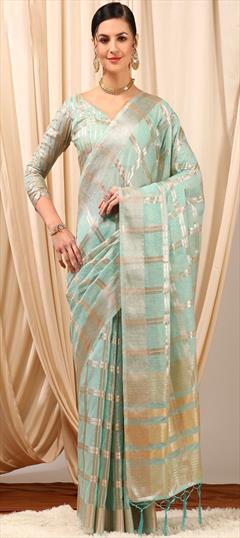 Party Wear, Traditional Blue color Saree in Silk cotton fabric with Bengali Weaving work : 1949152