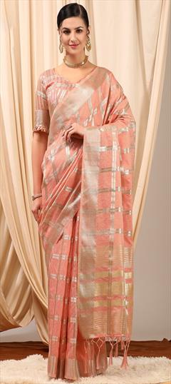Party Wear, Traditional Pink and Majenta color Saree in Silk cotton fabric with Bengali Weaving work : 1949153