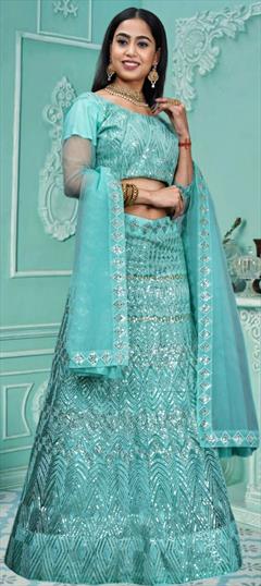 Engagement, Mehendi Sangeet, Wedding Green color Lehenga in Net fabric with A Line Embroidered, Sequence, Thread work : 1949168