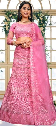 Engagement, Mehendi Sangeet, Wedding Pink and Majenta color Lehenga in Net fabric with A Line Embroidered, Sequence, Thread work : 1949170