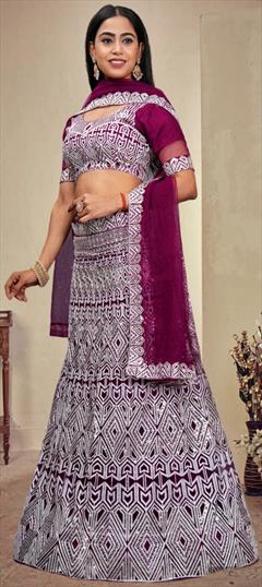 Festive, Mehendi Sangeet, Wedding Purple and Violet color Lehenga in Net fabric with A Line Embroidered, Sequence work : 1949171
