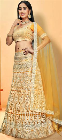 Festive, Mehendi Sangeet, Wedding Yellow color Lehenga in Net fabric with A Line Embroidered, Sequence work : 1949172