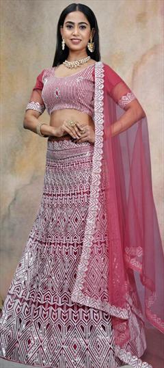Festive, Mehendi Sangeet, Wedding Pink and Majenta color Lehenga in Net fabric with A Line Embroidered, Sequence work : 1949173