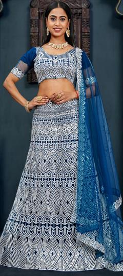 Festive, Mehendi Sangeet, Wedding Blue color Lehenga in Net fabric with A Line Embroidered, Sequence work : 1949174