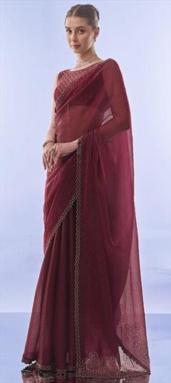 Engagement, Reception, Traditional Red and Maroon color Saree in Silk fabric with South Border, Swarovski work : 1949185